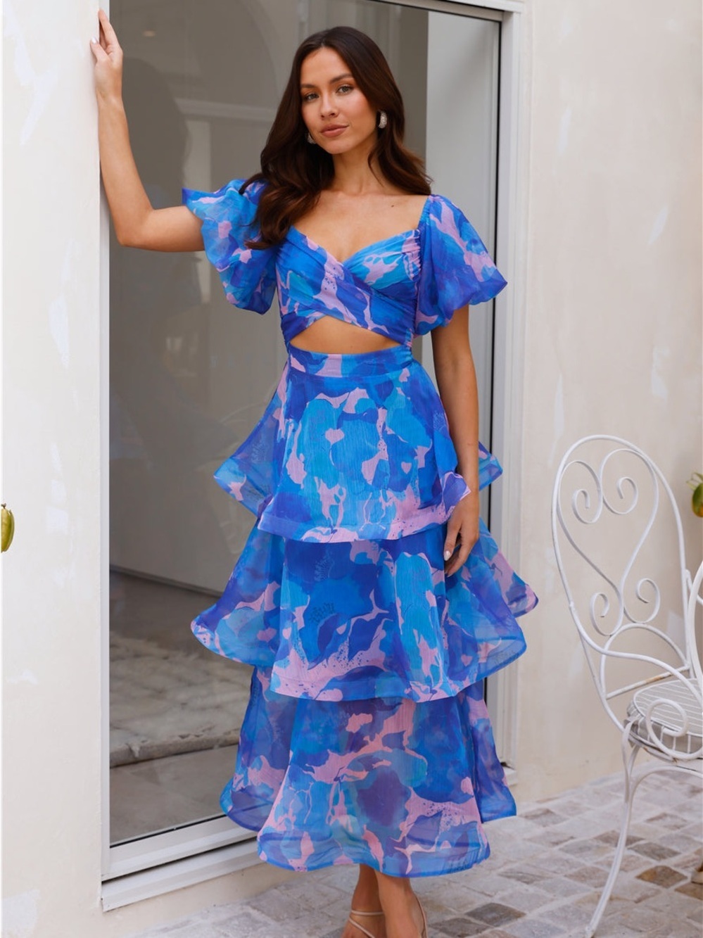 NWT Hello Molly Blue & Pink Organza Cutout Tiered Midi Dress | US 8